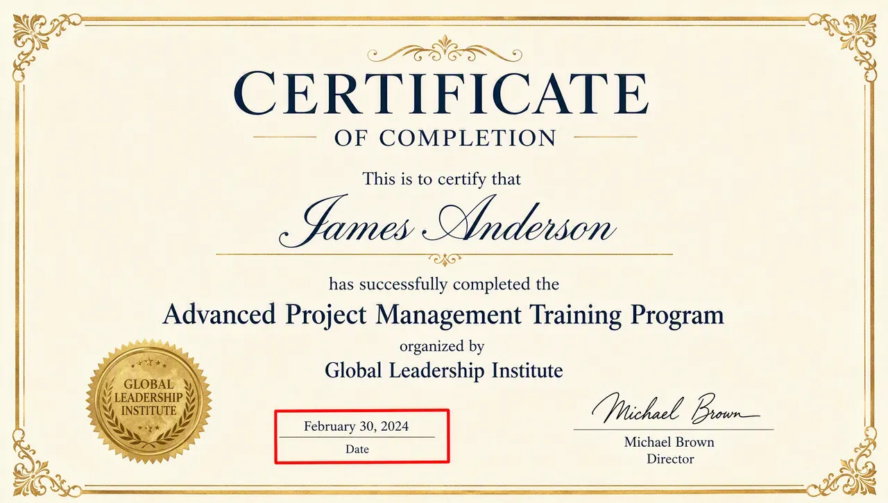 Corrige una fecha errónea en un certificado — before/after photo comparison (before)